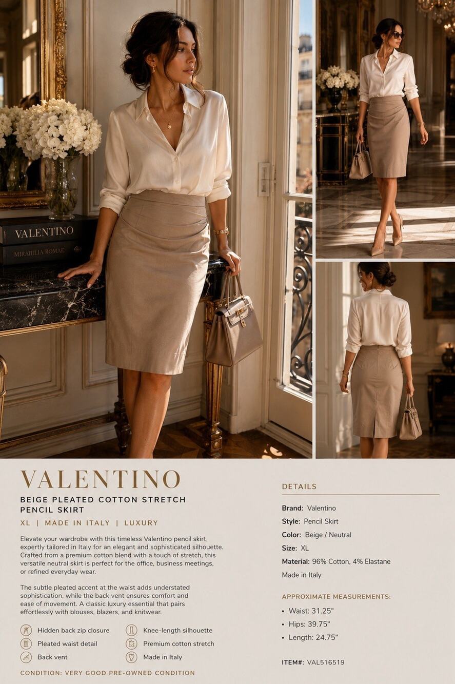 Valentino Beige Pleated Cotton Stretch Pencil Skirt XL Made in Italy Luxury